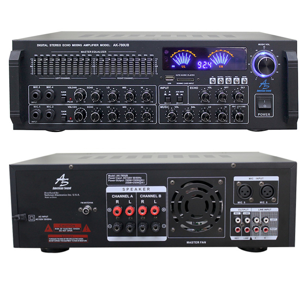 AK-780UB Amplificador Stereo (150+150W rms a 8 ohm) 2 CH 2000W con Reproductor USB/SD-BT-FM American Sound.