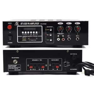 PA-61RUB Amplificador de perifoneo 60W (2X30W rms) con Reproductor USB/TF, BT, Radio FM y Grabador 180 Segundos AC115V /DC12V American Sound.