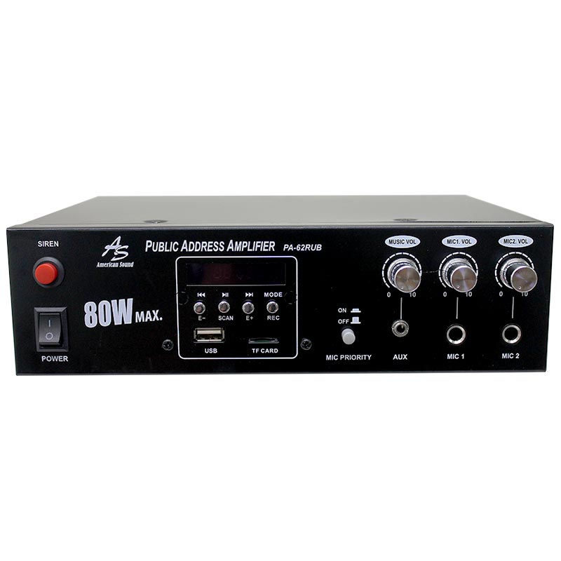 PA-62RUB Amplificador de perifoneo 60W (2X30W rms) con Reproductor USB/TF, BT, Radio FM y Grabador AC115V /DC12V American Sound.